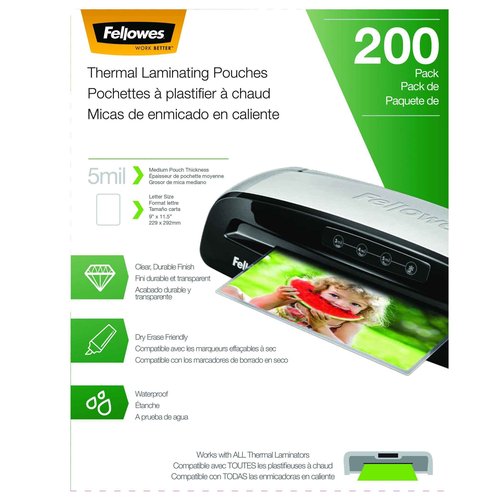 Fellowes Thermal Laminating Pouches, Letter Size Sheets, 5mil 200pk, Clear (5743601) & Laminator Cleaning Sheets, 10 Pack, 8.5 x 11 in