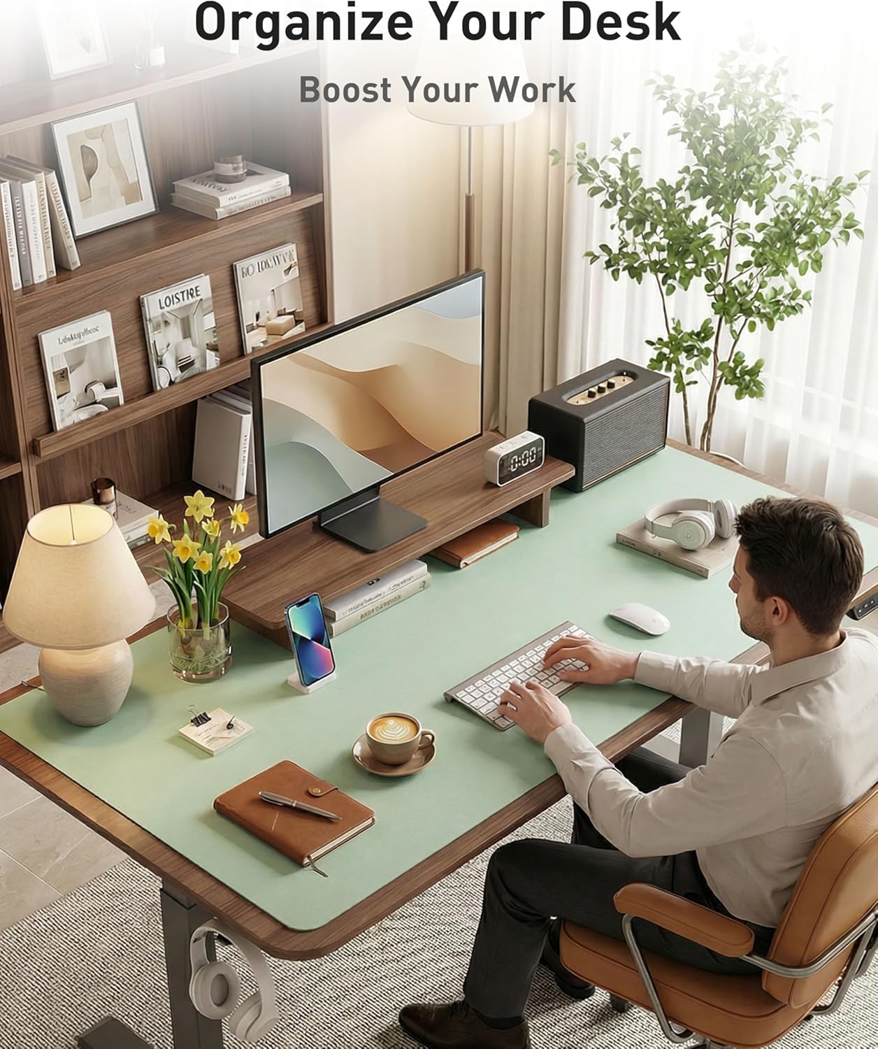 Aothia Faux Leather Desk Mat - Large Non-Slip Mouse Pad | Waterproof Writing Surface (Aqua, 42" x 17")