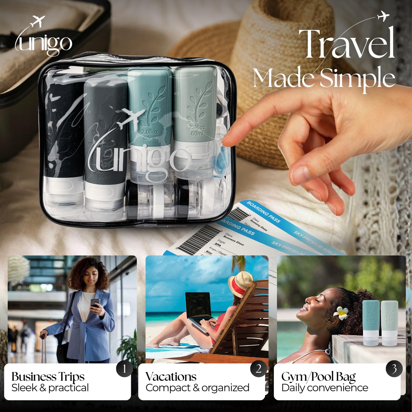 unigo 30 PACK Travel Bottles Set for Toiletries - Leakproof Refillable Travel Size Containers, TSA Approved Bottles with Labels, Brush & Covers for Carry-On Travel