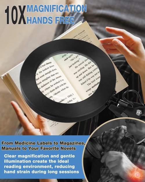 NOEVSBIG Magnifying Glass Desk Lamp with 3-Section Swing Arm and Big Clamp, Magnifying Glass with Light and Stand, 10X Wide Desk Magnifier Light for Reading/Office/Crafting/Close Work
