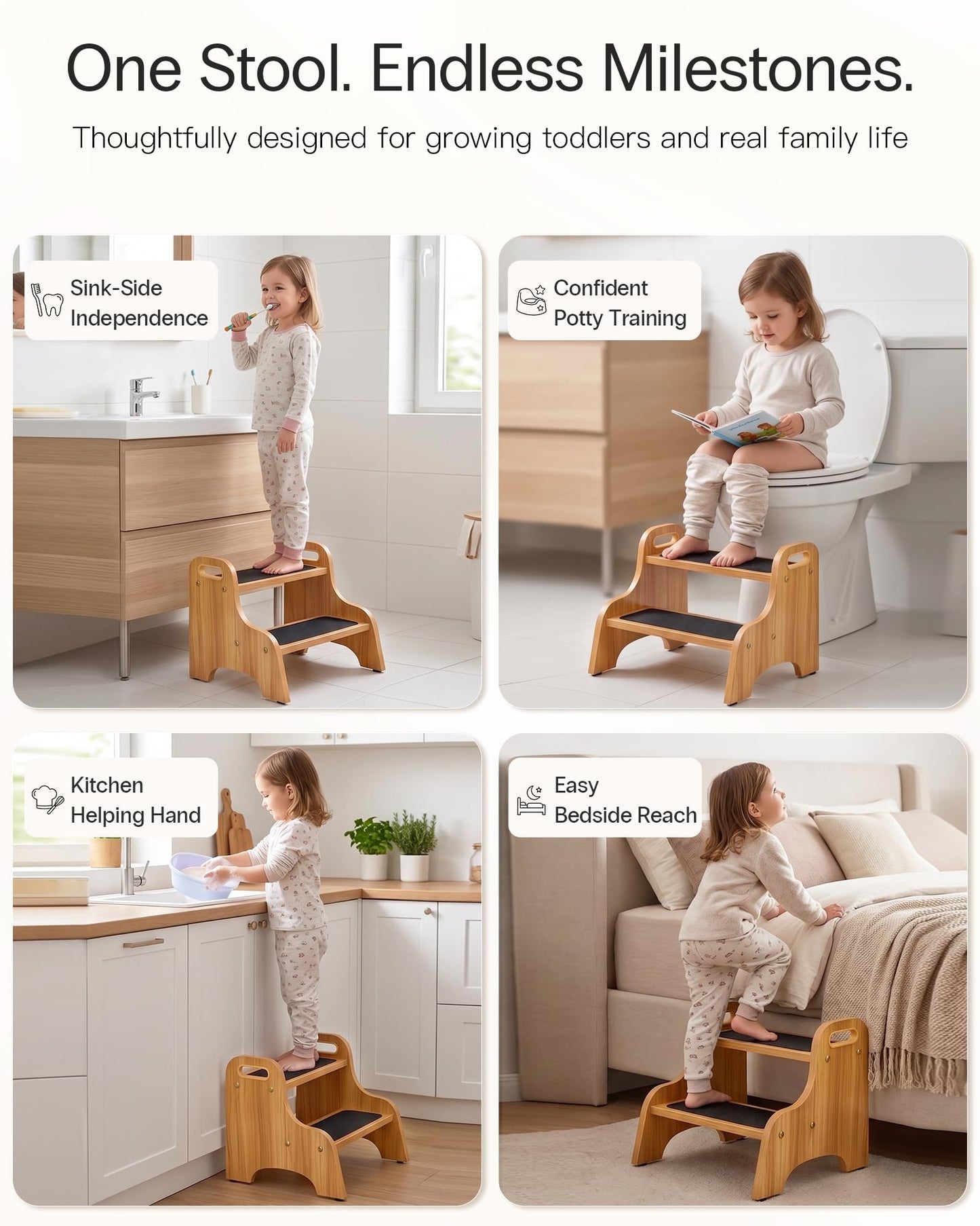 StrongTek Wooden 2 Step Stool, Non-Slip Surface with Handles, 350 lb Capacity, Compact Step Stools for Bathroom, Kitchen, Bedroom and Home Use (Natural)