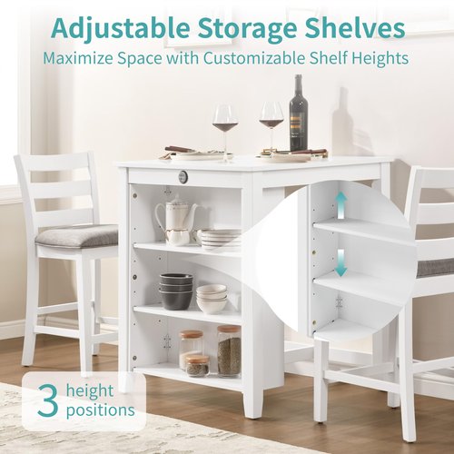 FLEXISPOT Bar Height Dining Table Set with Charging Station & 3-Tier Adjustable Storage, Space-Saving 3 Piece Counter Height Kitchen Table and Chairs Set, Grey Finish (1 Table 36" + 2 Chairs), White