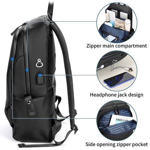 Colins Keirs 17 inch laptop backpack for men, business travel computer backpack with USB charging port and headphone jack, college school bookbag, black, large, 25 L