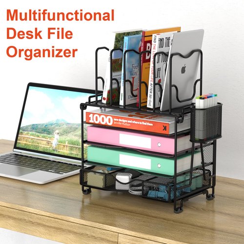 BOHDK Mesh Desk Organizer, 3-IN-1 Desktop Organizer with 4 Tier Tray and 5 Upright Sections, File Organizer for Desk with Sliding Drawer, Black