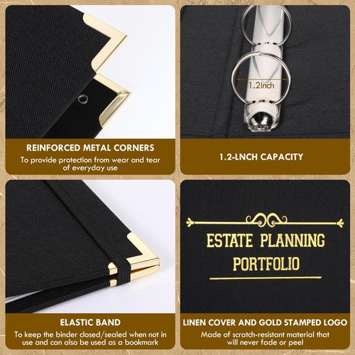 MotiMind 2 Pcs Estate Planning Portfolio Binder, Sturdy Linen 3-Ring Binder with Gold Debossed Title and Index Tab Dividers Estate Death Planning Organizers Stores, 11.8x11x2inch