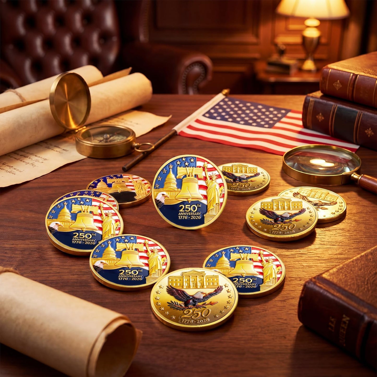 Highergo 250th Anniversary Commemorative Coins USA Eagle and Patriotic Symbols Collectible 250 Year Merchandise for Celebration Display Collectors Challenge Coin Gift(20 Pcs,Style 1)
