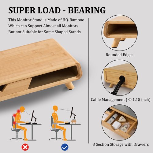 Homerays Bamboo Monitor Stand Riser, No Assembly Required Exquisite Monitor Stand with Drawer Ergonomic Height Wood Monitor Stand
