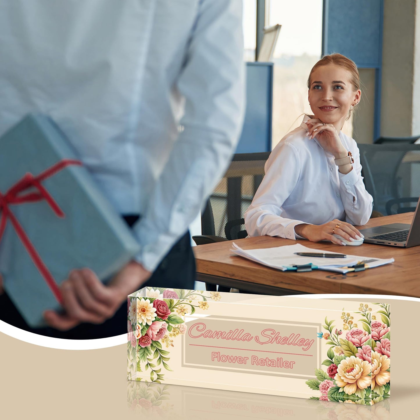 Personalized Name Plate for Desk, Custom Acrylic Desk Name Sign, Office Appreciation Gifts for Women Men Coworkers Boss Teacher Employee (Flower-Rose)