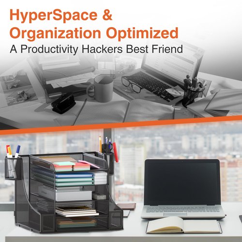 EVOOMI 5 Tier Mesh Desk Organizer PLUS - The Upgraded Time, Space & Sanity Saving Desktop Organizer System for Productivity Success - Ideal Pencil File Paperclip Post It Holder Mail Folder Organizer