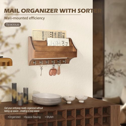 Rebee Vision Pine Wood Key Holder - Wall-Mounted Mail Organizer with Key Hooks & 3-Tier Slot | Brown