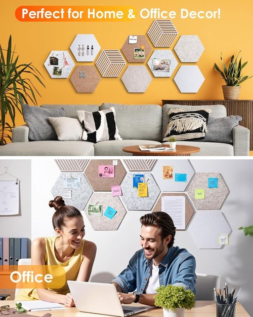 Hexagon Cork Boards - 10 Pack Bulletin Board Tiles with 50 Pins | Minimalist Wall Decor for Home & Office