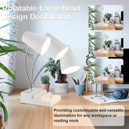 LALISU LED Study Desk Lamp - Gooseneck Design with USB Charging & Stepless Dimming | White
