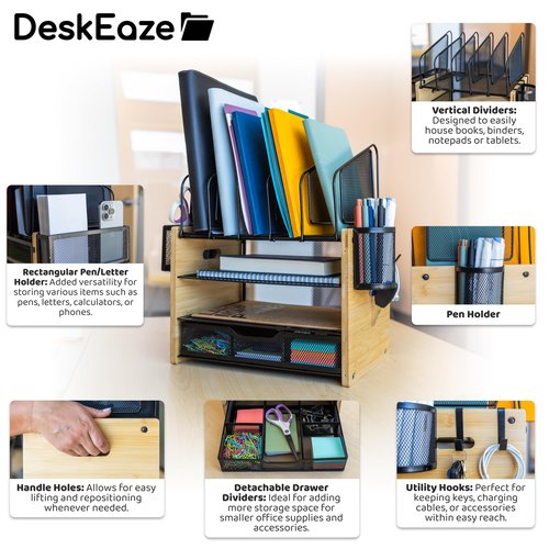DeskEaze Heavy Duty Wooden Desk Organizer with Drawer - Wooden Desk Shelf for Storage & Organization - Office Tray for Files, Mail, and Supplies - Small Countertop Bookshelf with Letter Holder & Hooks