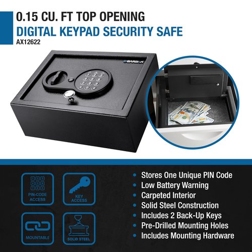 Barska Digital Keypad Security Safe Box ā 0.15 Cu Ft Solid Steel Top-Opening Drawer Safe with Deadbolts for Home, Office, Jewelry, Cash, and Valuables