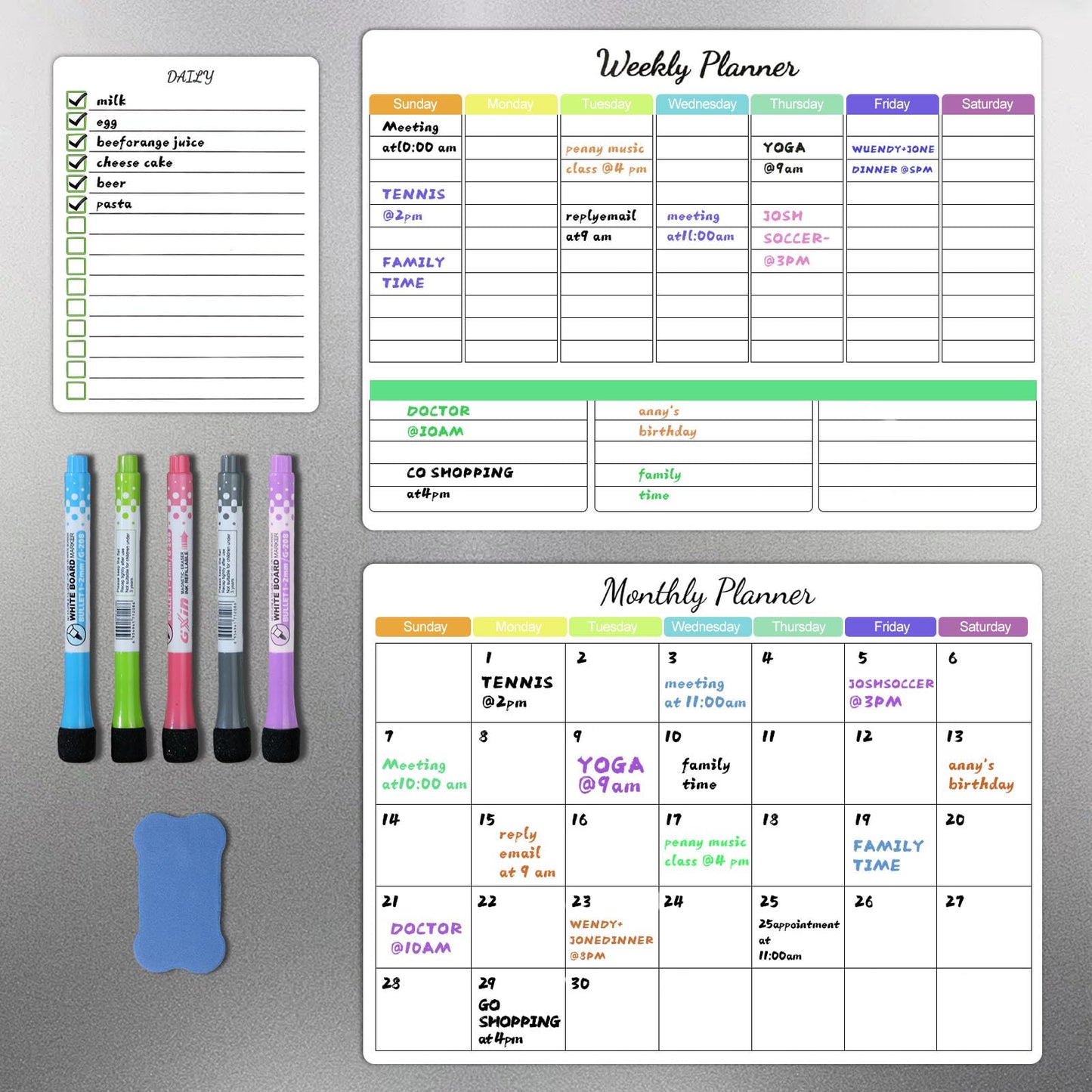 Magnetic Dry Erase Calendar Whiteboard Set (3-Pack) for Fridge - 16.5x12 Inch Whiteboard, Large Space for Schedules, Chores & Meals, with 5 Markers & Eraser, Starts from Monday