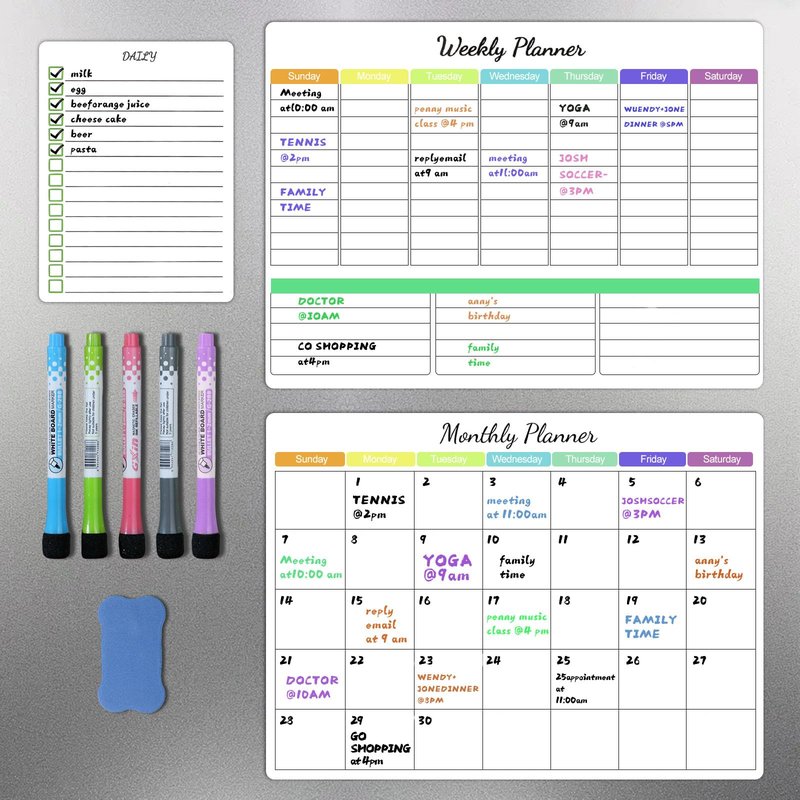 Magnetic Dry Erase Calendar Whiteboard Set (3-Pack) for Fridge - 16.5x12 Inch Whiteboard, Large Space for Schedules, Chores & Meals, with 5 Markers & Eraser, Starts from Monday