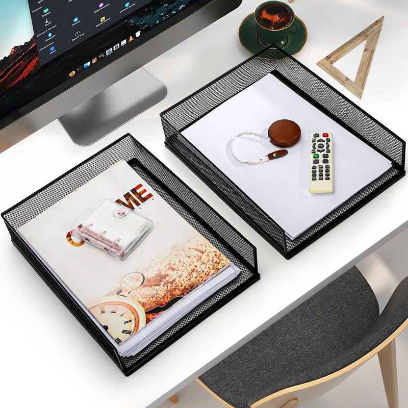YOUEON 2 Pack Wire Mesh Letter Trays 12.8"x10"x2.9", Stackable Paper Tray Organizer for Desk, Metal Desk Magazine File Holder for Home, Office, School