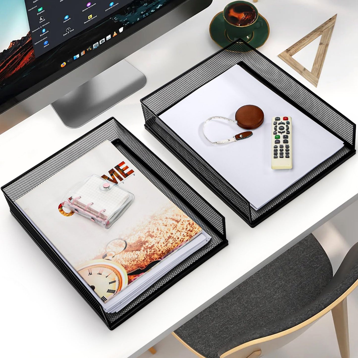 YOUEON 2 Pack Wire Mesh Letter Trays 12.8"x10"x2.9", Stackable Paper Tray Organizer for Desk, Metal Desk Magazine File Holder for Home, Office, School