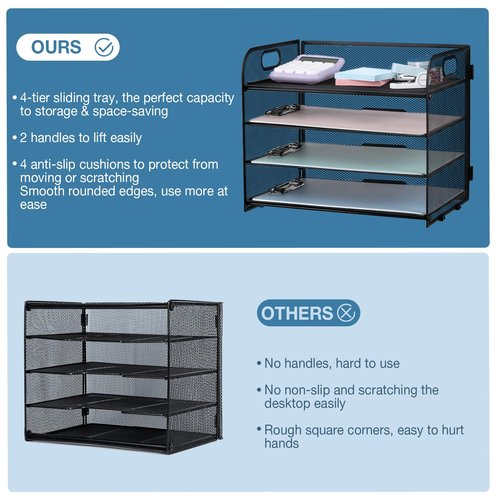 NCXTKJ 4-Tier Mesh Letter Tray Paper Organizer, Desk File Organizer with Handle - Black