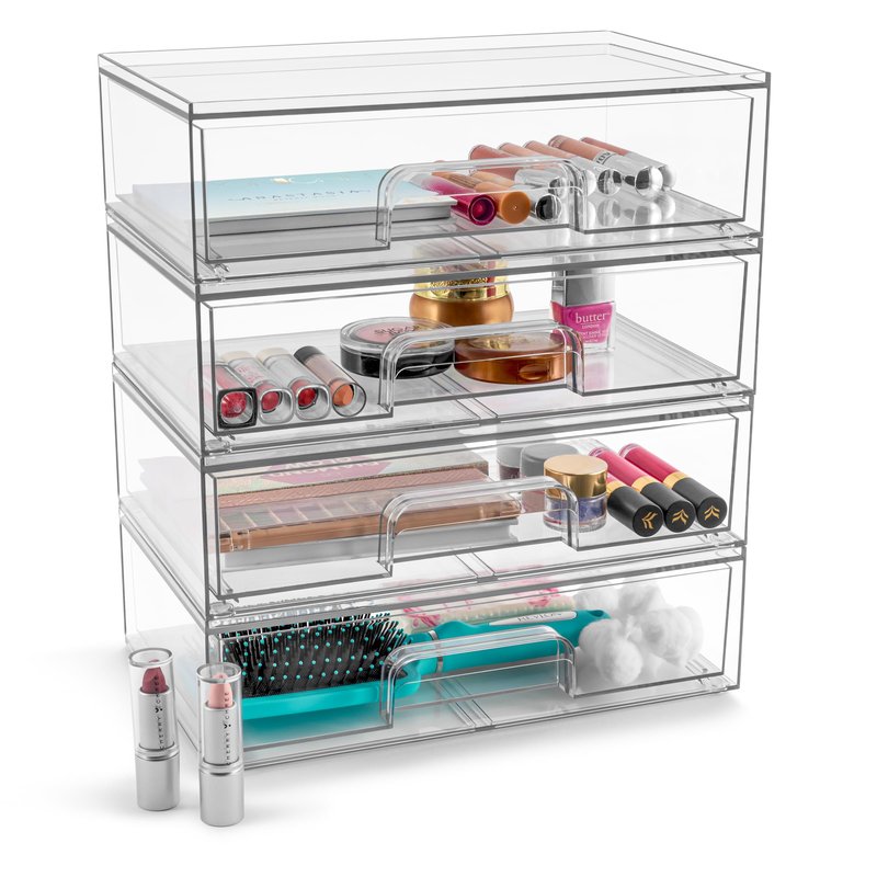 Sorbus Acrylic Storage Containers - 4 Pack, Stackable Storage Bins Set for Bathroom Organization - Clear Acrylic Drawer Organizers - Makeup Case Pull-Out Drawers (12.1’’ Wide)