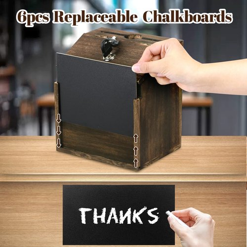 AFOROEOA Wood Suggestion Box with Lock - 6 Chalkboard, 100 Suggestion Cards, Tip Jar, Wall Mountable Donation Box, 8x7x6Inches
