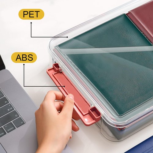 VANRA Clear File Storage Box with Latching Lids Stackable Project Case Organizer Plastic Stacking File System Office Magazine Storage Bin School Supplies Container Portable with Handle (1 Red, L)