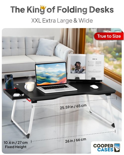 Cooper Mega Table Plus Premium XXL Extra Large Laptop Desk for Bed, Table for Laptop in Bed, Desk for Floor | Portable, Folding Legs, Book Stand, Tablet Groove, Drawer, Extra Wide Surface (White Oak)