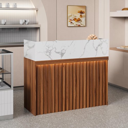 UEV Modern Reception Desk with Counter, Front Desk Reception Room Table with Cable Grommet, Marble Top Front & Led Lights, Retail Counter for Beauty Salon, Checkout, Home Office