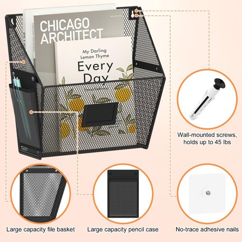 Yuzehuaza Mesh Wall File Holder, Hanging File Organizer, Mail Organizer Wall Mounted, 4 Packs Hanging Magazine Holder with Pencil Case for Classroom Office(BLACK)