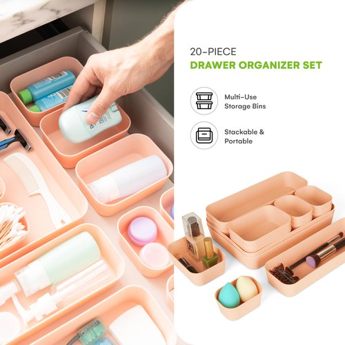Spacesaver 20-Piece Plastic Drawer Organizer Set – Office, Makeup, Vanity, Bathroom & Desk Drawer Storage Trays – Stackable, Durable PP Bins in Multiple Sizes for Home & Office Organization
