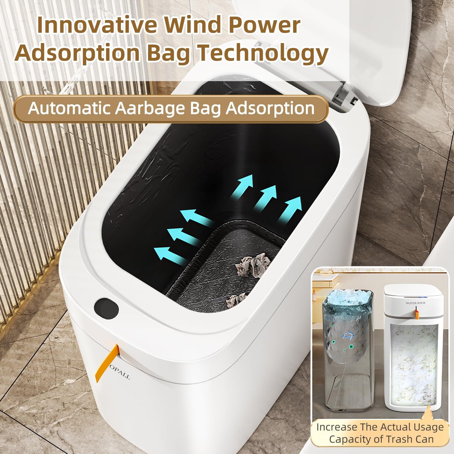 MOPALL Rechargeable Bathroom Trash Can,Motion Sensor Trash Can Automatic Touchless,White 3.5 Gallon Smart Garbage Can with Lid,Auto-Adsorption Slim Small Waste Basket for Bedroom,Bathroom,Kitchen