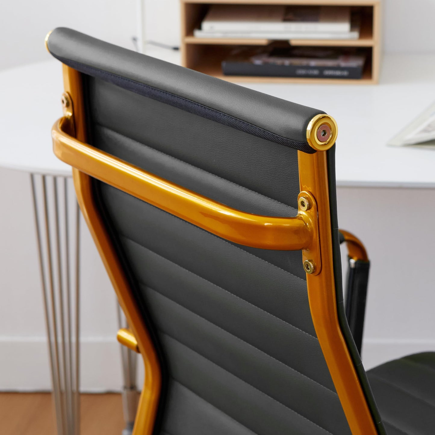 Livinia Modern Executive Office Desk Chair, Chrome & Leather Conference Room Swivel Chairs with Ribbed High Back, Adjustable Height, Removable Armrest, and Wheels for Home Office (Black(Gold))