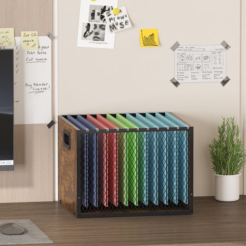 Piskyet Wooden Hanging File Organizer for desk, Metal Mesh File Folder Organizer Crate Cabinet Storage Box with Handle for Home Office Desk,Letter - Size,Rustic Brown
