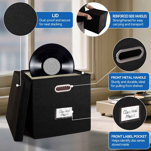 ComfortKeeper 2 Pack Vinyl Record Storage Box with Lid, Holds up to 50 LPs, 12.6"x12.6"x12.6" Durable 600D Polyester Organizer, Sturdy Handles & PVC Label Holder for 12" Records Collection, Black