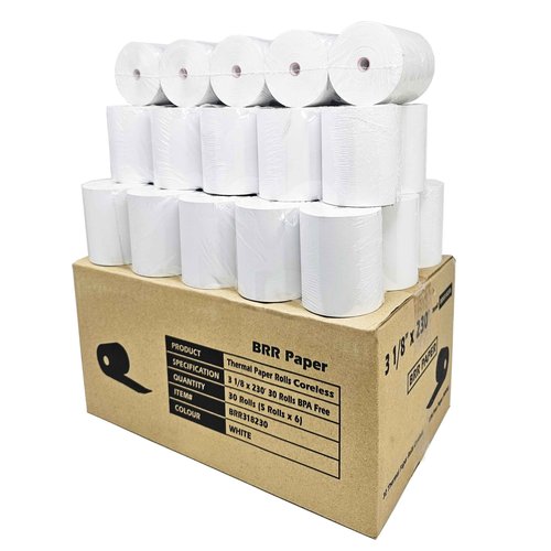 (30 Coreless Rolls - 50 GSM) 3 1/8 x 230 Thermal Paper Receipt Rolls fits all Clover POS Cash Register Printers for TSP500 TSP600 TSP 700 TSP2000 CT S300 from BuyRegisterRolls