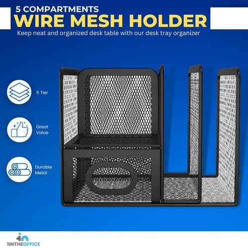 1InTheOffice 5 Compartment Wire Mesh Accessory Holder, Mesh Desk Organizer, Organizer for Desk, Matte Black, 1 Pack