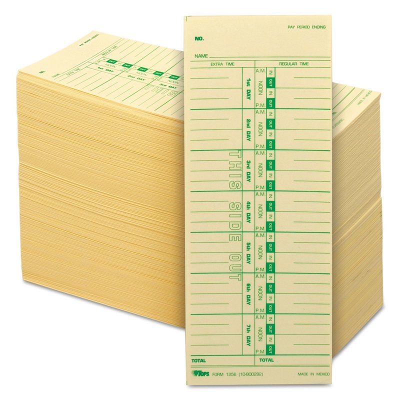 TOPS 1256 Acroprint/Cincinnati/Lathem/Simplex/Stromberg Time Card 3 1/2 x 9, 500/Box