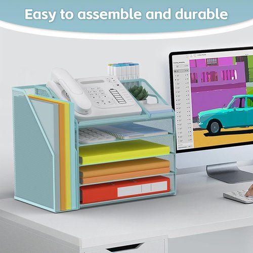 DocNest 5 Tier Mesh Paper Letter Tray Organizer - Stylish Blue Desk File with Handle & Pen Holder