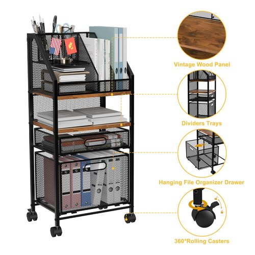 Rolling Utility Art Cart with 2 Drawers Metal Moving Storage Cabinet with Lockable Wheels Wood&Mesh Rolling File Organizer Filing Cabinets for Home Office Classroom Organization(31 * 15 * 10 Inch)