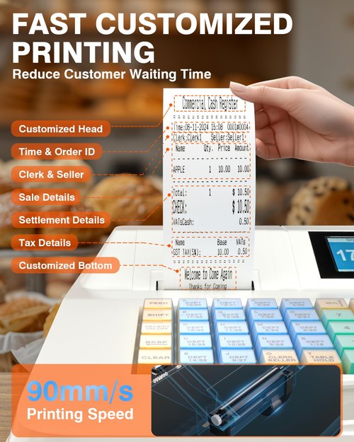 PYY Cash Register for Small Businesses - Electronic Commercial Caja Registradora para Negocio with Lock Cash Drawer Box, 48 Keys, 8 Digital Dual Display, System for Retail Supermarket Restaurant