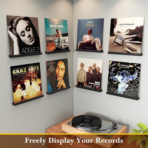 Emfogo Vinyl Record Shelf - 12-Inch Wall-Mounted Album Holder | 8-Pack Black Wood Display for Living Room