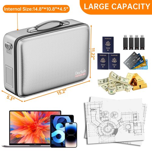 DocSafe Fireproof Document Box with Lock&Shoulder Strap,Hard Case File Organizer with Accordion File Folder,Multi-Layer Portable Home Office Travel Safe Storage for Important Documents Laptop Silver