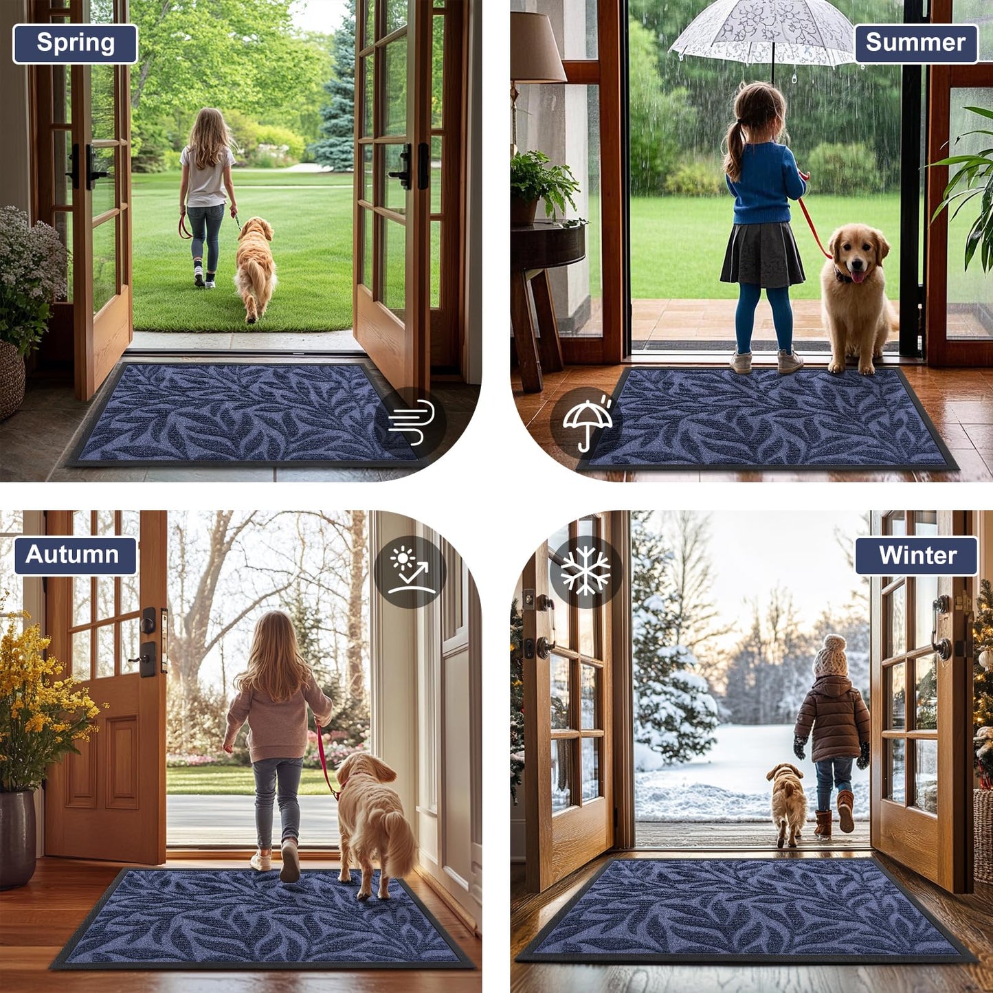 Smiry Front Door Mat Indoor Outdoor Entrance, Heavy Duty Natural Rubber, Trap Dirt and Moisture, Non-Slip Doormats, Low Profile, Easy Clean Patio Porch Entryway Mat, 35x23, Navy