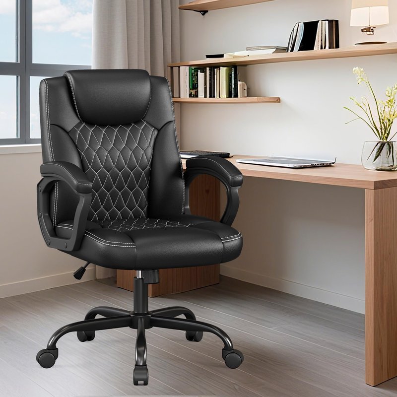 Misolant Office Chair, Executive Desk Chair, PU Leather Comfortable Executive Chairs with Fixed Armrest, Adjustable Height, Rocking Function, 360° Swivel Wheels, Black