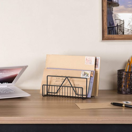 MyGift 3 Slot Matte Black Metal Wire Office Desk Mail Organizer and File Sorter Stand, Upright Desktop Paper Document Filing Storage Rack for Work or Home
