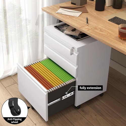 Approgreent Mobile File Cabinet - Lockable 3-Drawer Filing Cabinet with Wheels | A4/Letter/Legal Size, White
