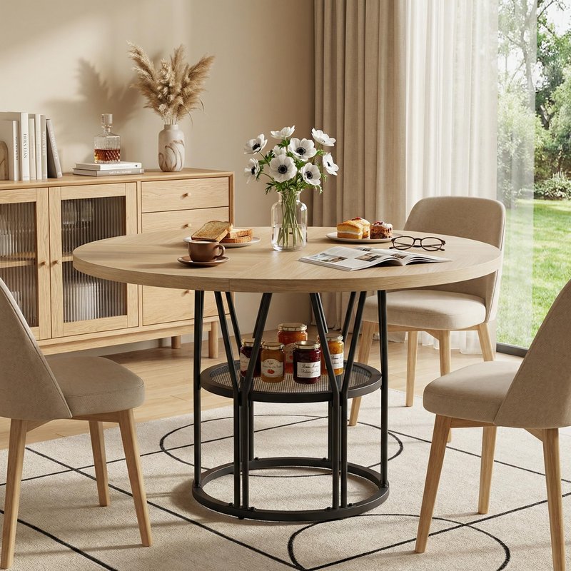 Garvee Round Dinning Table for 4-6 - 47" Circle Dinner Table with Storage Shelf & Sturdy Metal Frame, Modern Breakfast Tea Desk for Kitchen, Living Room, Apartment, Office, Natural