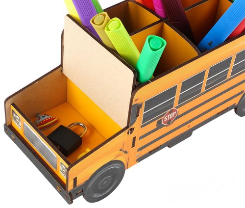 Pencils Organizer School Bus Pen Holder Creative DIY Multifunctional Desk Organizer 6 Compartments Office Desktop Stationery Mesh Table Supplies Organizer for Office School and Home (Wooden)