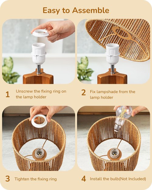 EDISHINE 14.6" Rattan Table Lamp, Rose Wood Tripod Nightstand Lamp, Handwoven Paper Rope Shade, Small Bedside Lamp for Bedroom Living Room, Office, On-Off Line Switch, E26 Base(Bulb Not Included)