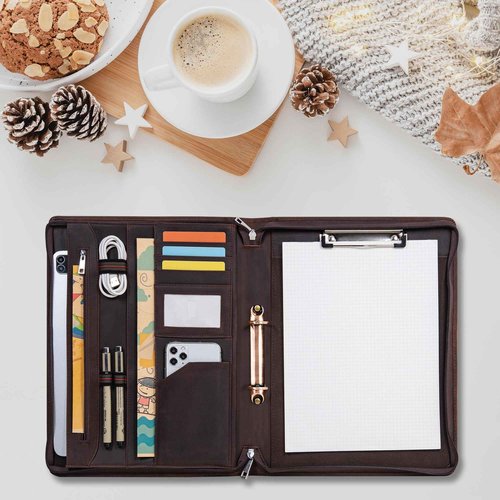 Calfinder Genuine Leather Portfolio Binder with Zipper and Handle, Padfolio for Women&Men, Personalized Gift for Professionals,Business Portfolio Notebook,Resume A4/Pad,Dark Brown